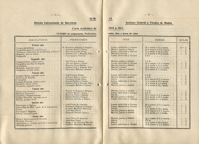 Quadre horari vigent el curs 1910-11
